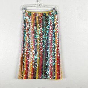 ANTHROPOLOGIE MAEVE Pailette Sequins Stripes Side Slits Retro Midi Skirt, Size 0
